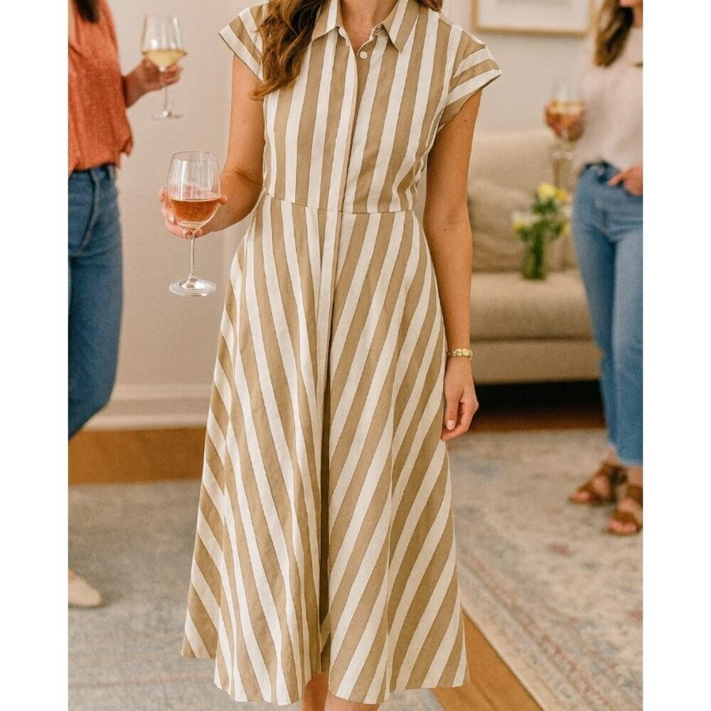 Emme Marella Short Sleeve Beige Stripe Midi Dress Size 12